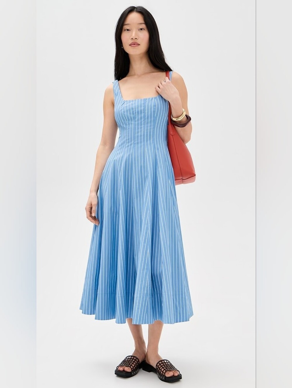 Staud Wells Midi Dress Azure Pinstripe Size 2 Pre-owned